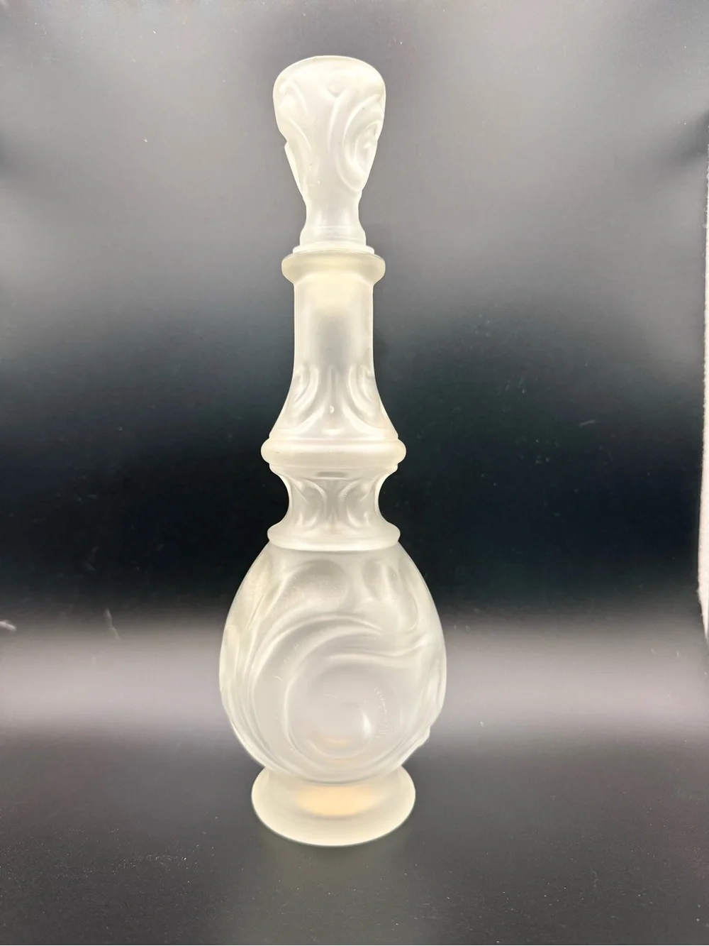 Merle Norman Frosted White Swirl Glass Decanter with Stopper